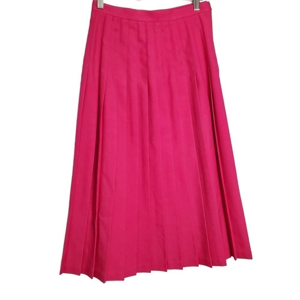 Vintage 80s Pink Skirt Womens Size 6 Pleated Midi Barbie Bright Pink Modest